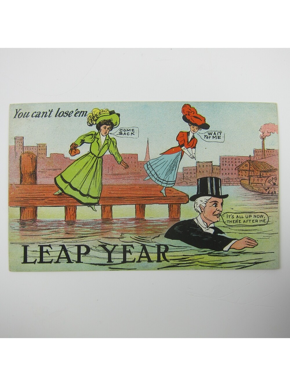 Leap Year Women Chase Man Swimming Away from Dock Marriage Humor Antique 1908